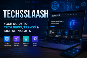 Techsslaash featured image showing a modern technology platform with digital trends, AI, tech news, and online tools
