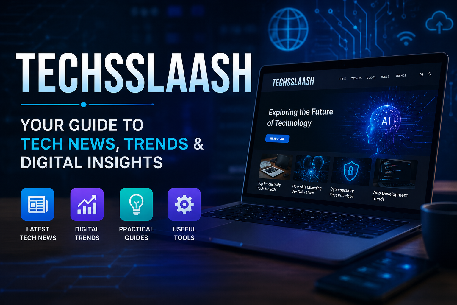 Techsslaash featured image showing a modern technology platform with digital trends, AI, tech news, and online tools