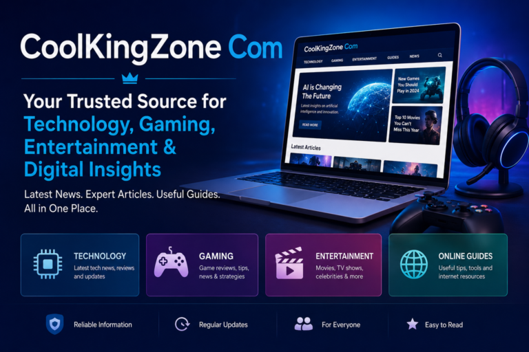 CoolKingZone Com featured image showing technology, gaming, entertainment, and digital insights with a modern laptop and gaming setup.
