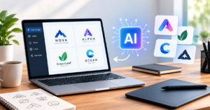 AI logo design concepts displayed on a laptop with creative sketches and digital design tools