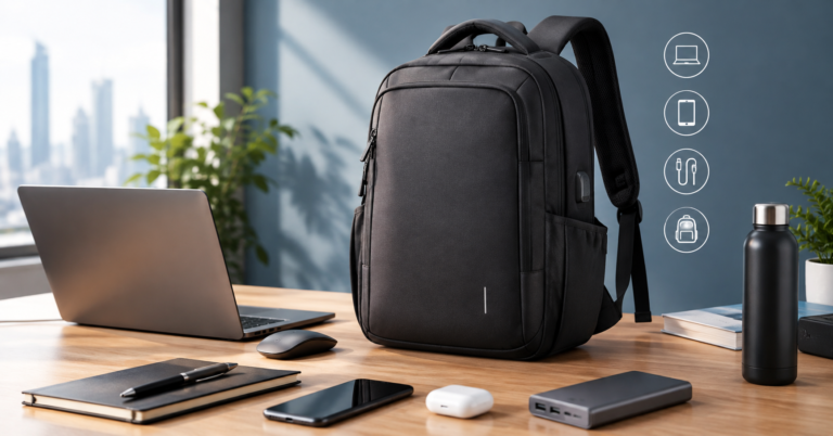 BANGE BE044 tech backpack beside a laptop, phone, notebook, and accessories on a modern desk