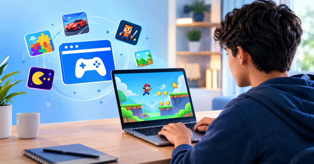 Hypackle browser gaming with a player using a laptop and colorful game icons