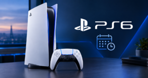 PS6 release date concept with a PlayStation-style console, controller, and calendar clock graphic