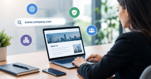 Target company URL research on a modern workspace with web verification elements