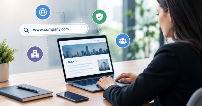 Target company URL research on a modern workspace with web verification elements